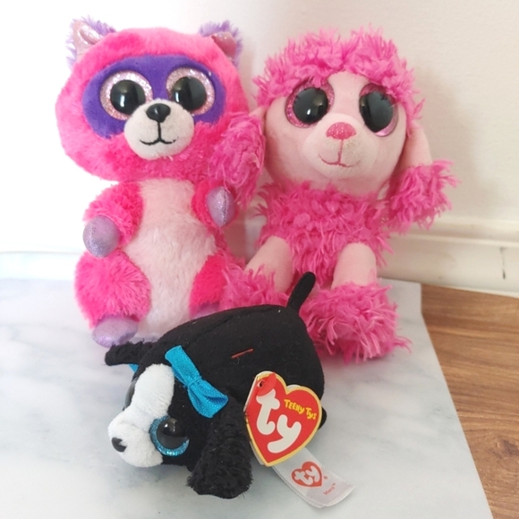 Ty beanie baby| Patsy / Roxie /& Marci pink raccoon & poodle & black teeny Dog - Picture 1 of 10